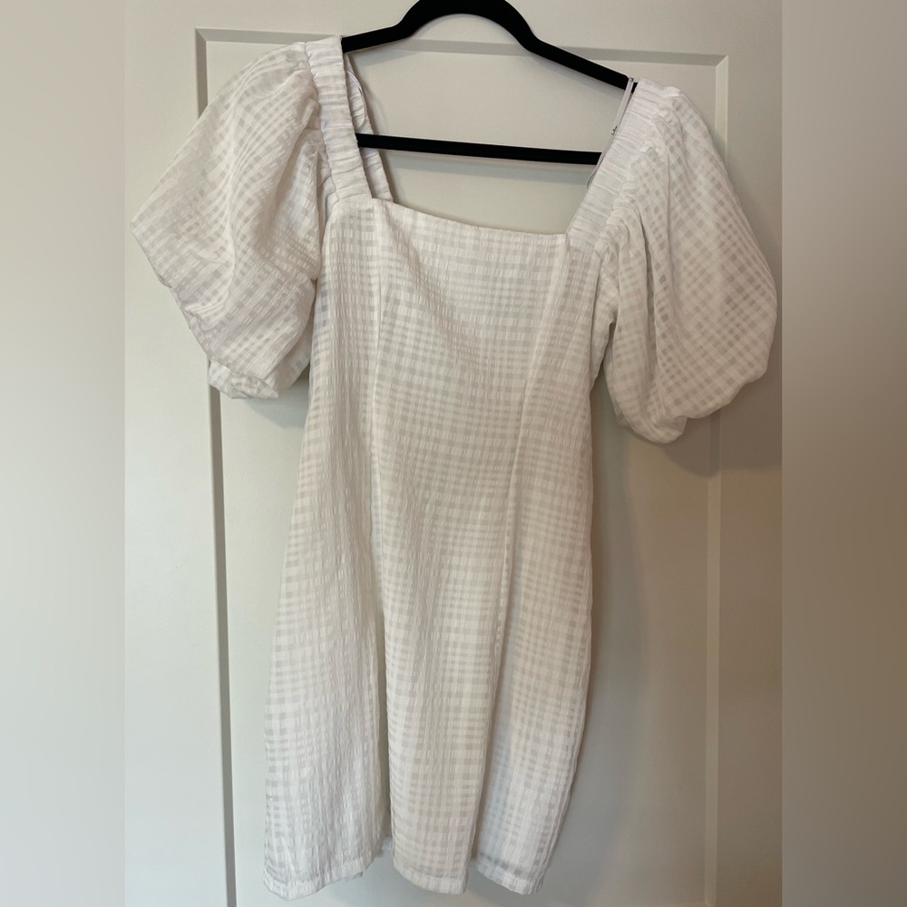 Lulus Strolling the Seine White Plaid Burnout Puff Sleeve Mini Dress
